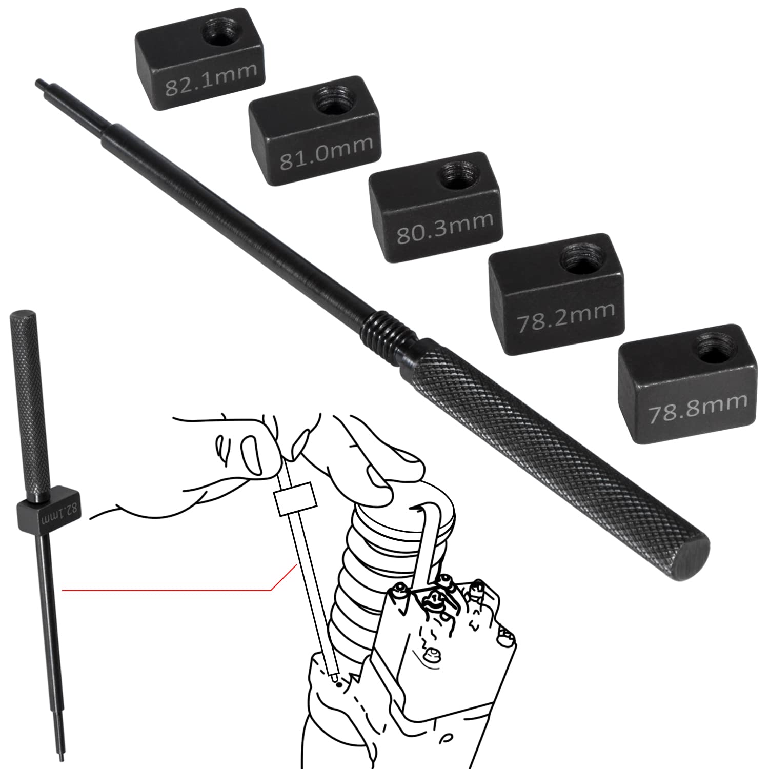 E-cowlboy injector height gauge shows 78.2mm for precise timing checks.