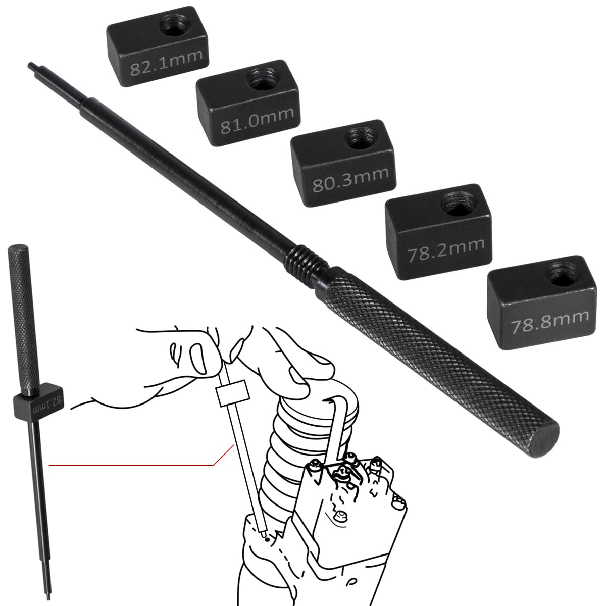 E-cowlboy injector height gauge shows 78.2mm for precise timing checks.