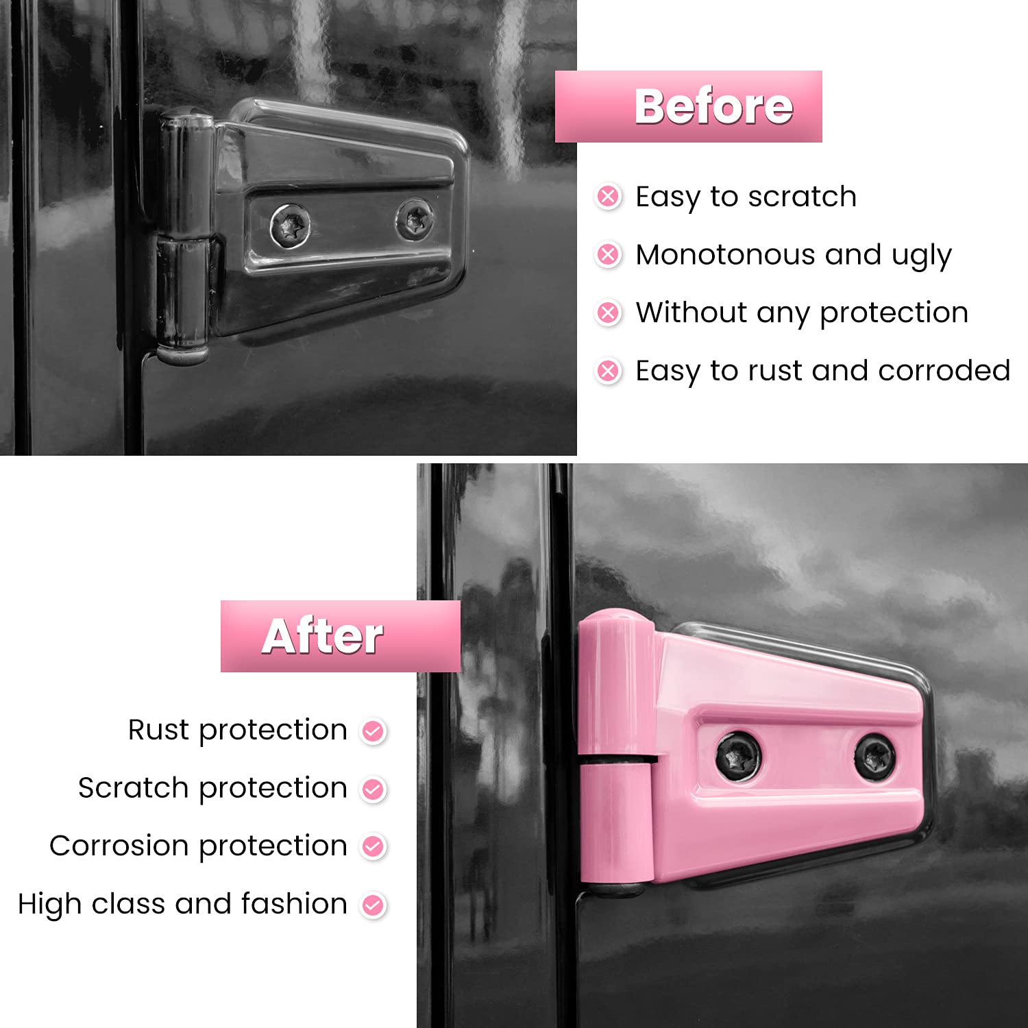 Edge protection detail of E-cowlboy pink hinge cover.