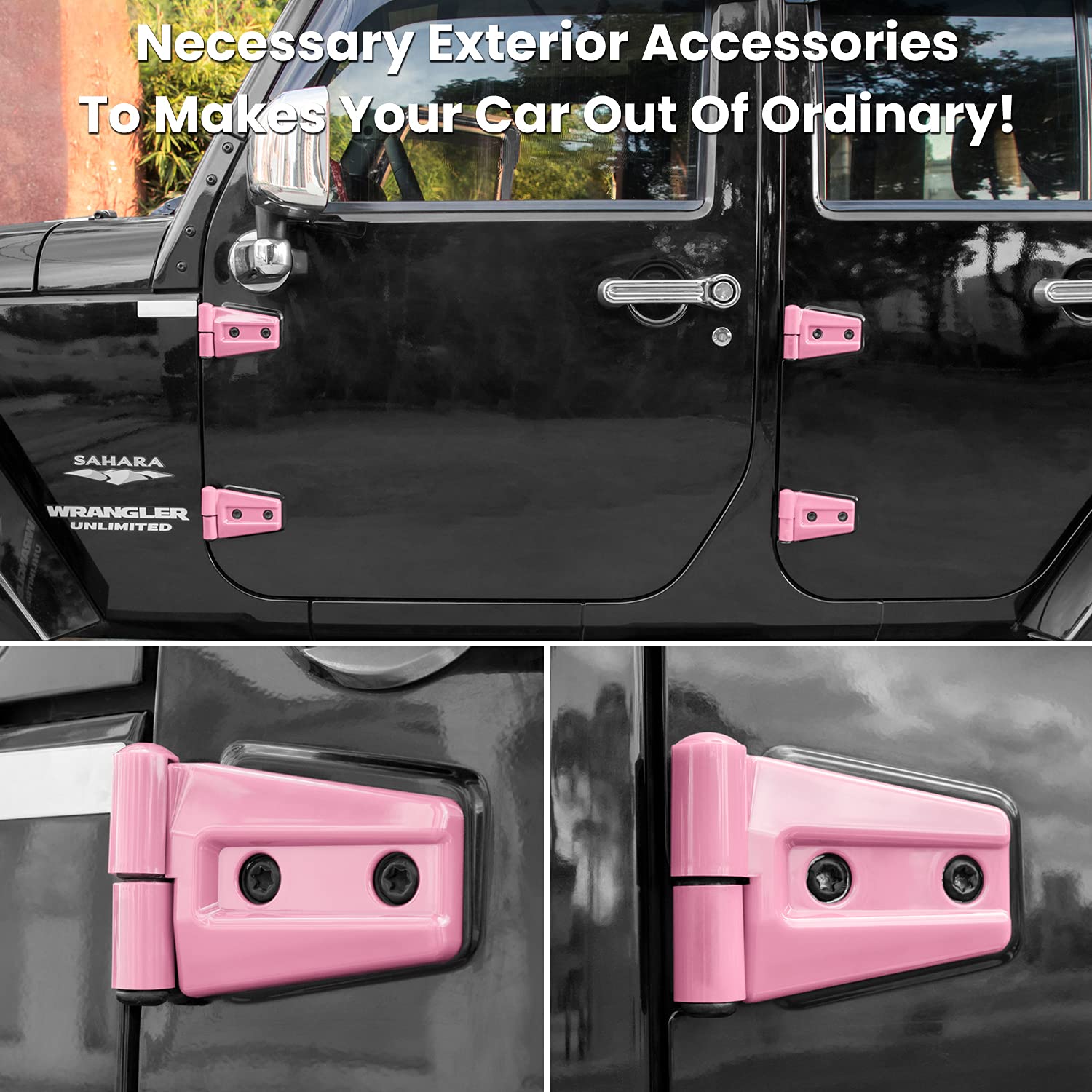 Pink hinge cover installed on a Jeep Wrangler JK/JKU.