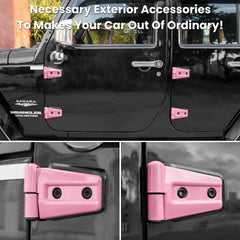 Pink hinge cover installed on a Jeep Wrangler JK/JKU.