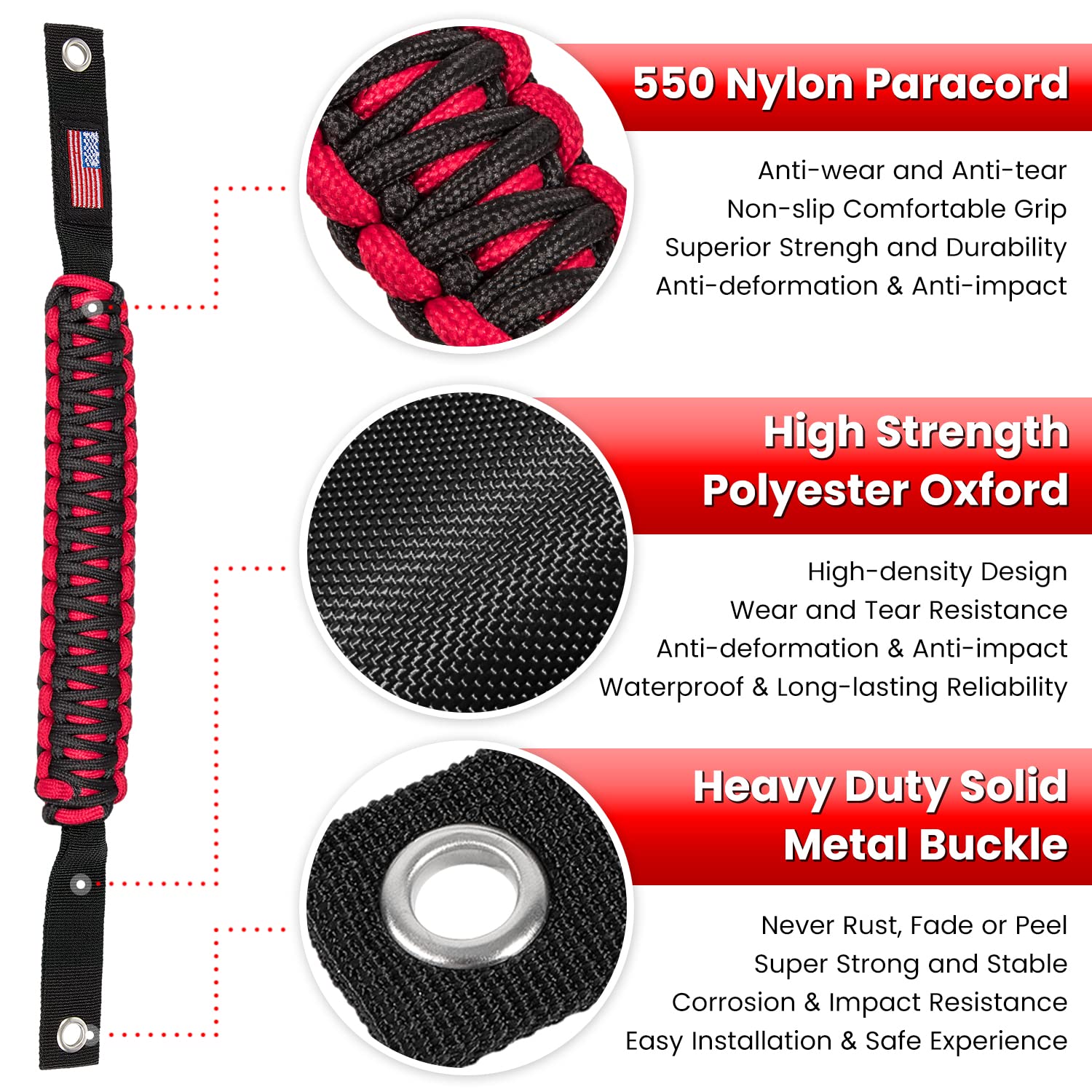 Premium 550 nylon paracord and oxford fabric resist wear and tear.