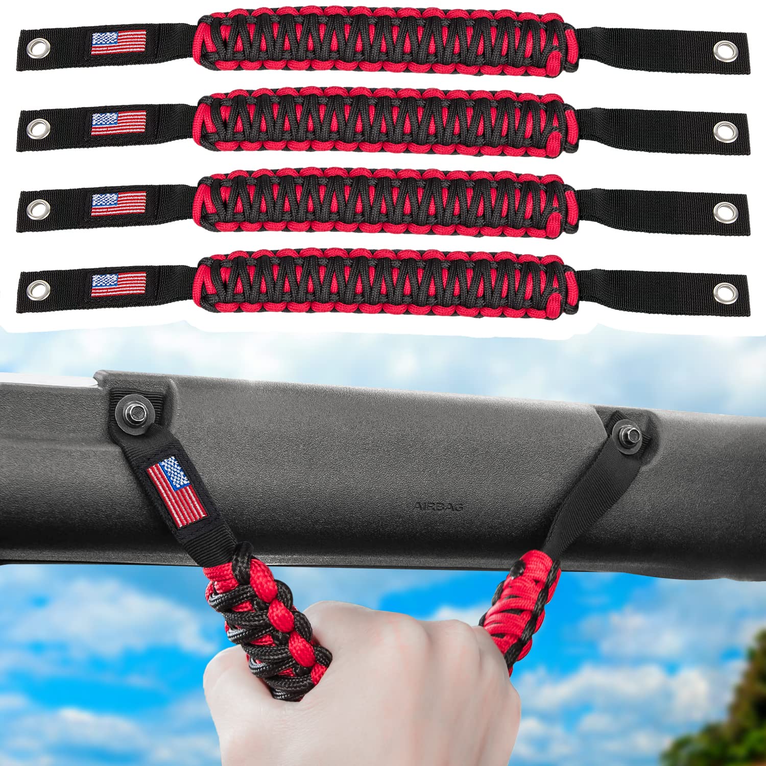 E-cowlboy roll bar grab handle paracord red 4-pack for secure entry and off-road support.