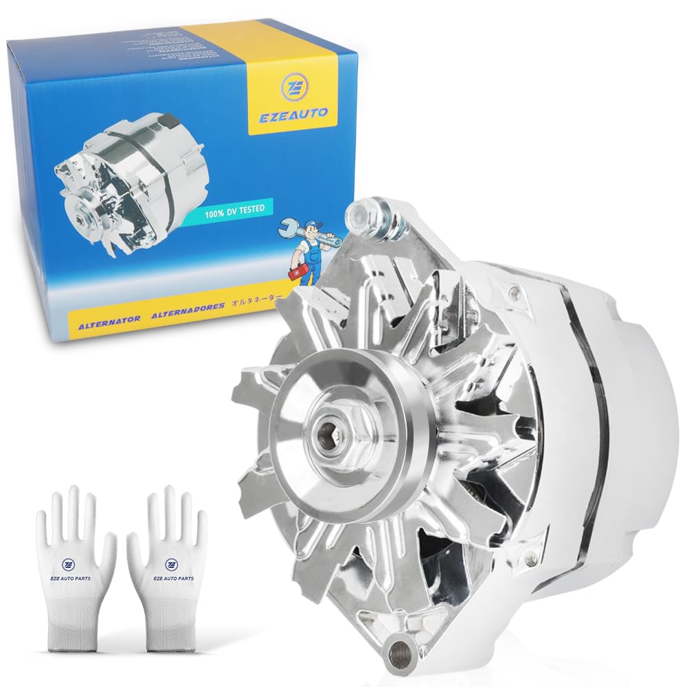 E EZEXPREZE chrome 120A alternator front view for reliable charging on classic Chevrolets.