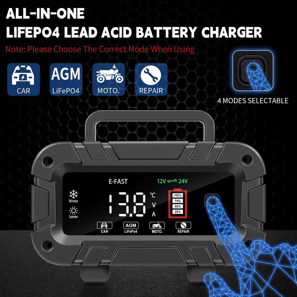 E-FAST charger connected to a 12V battery demonstrates rapid power delivery.
