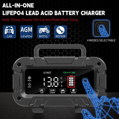 E-FAST charger connected to a 12V battery demonstrates rapid power delivery.