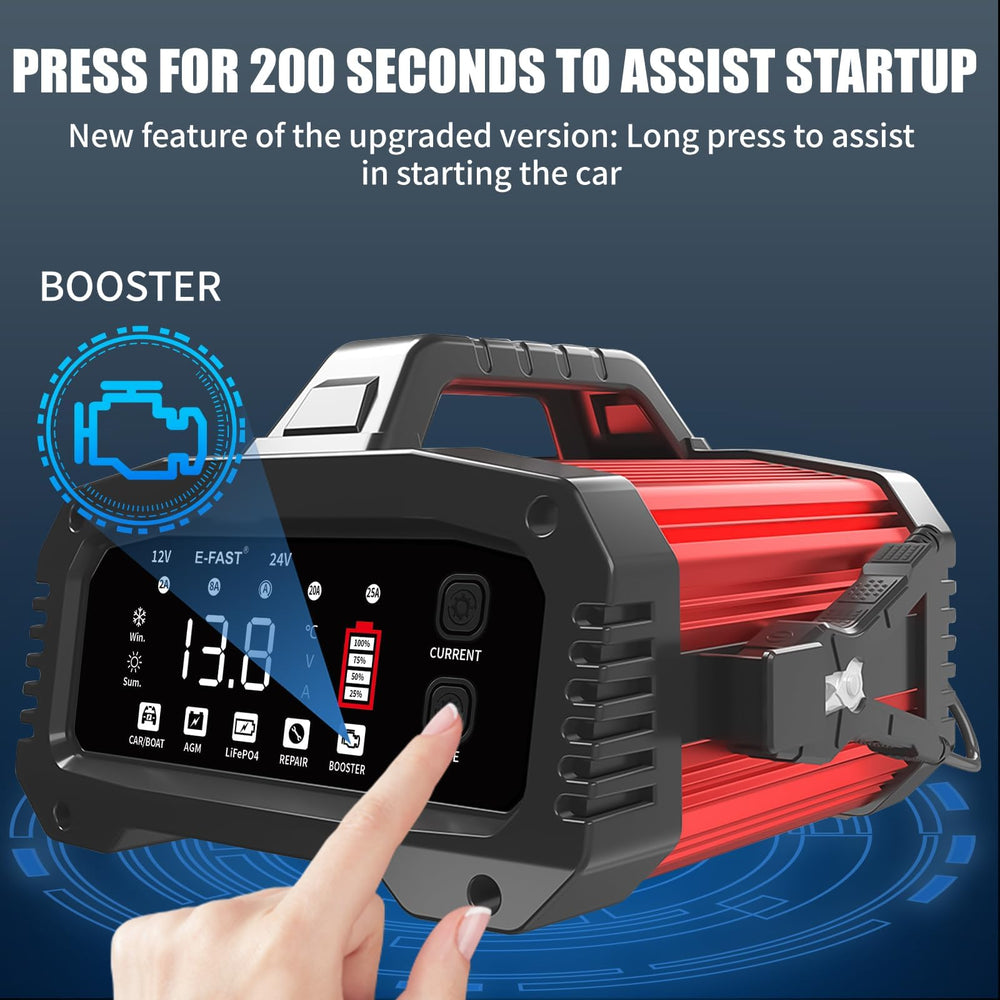Booster mode activation on the E-FAST 25A for emergency jump-start assistance (12V).