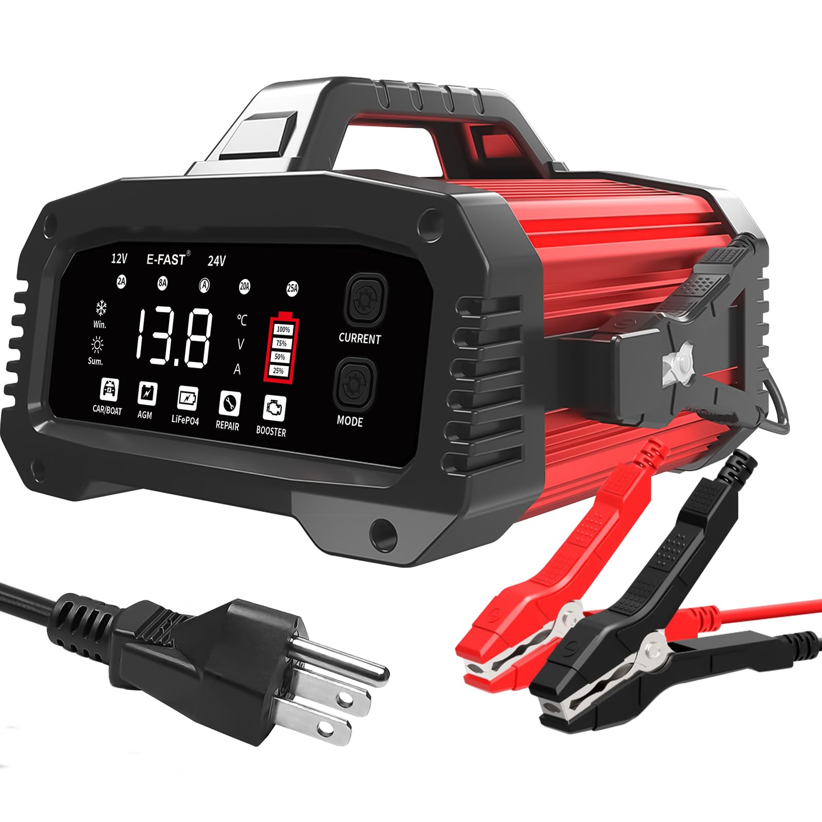 E-FAST 25A charger front view showing rugged aluminum housing for durable high-amp charging.