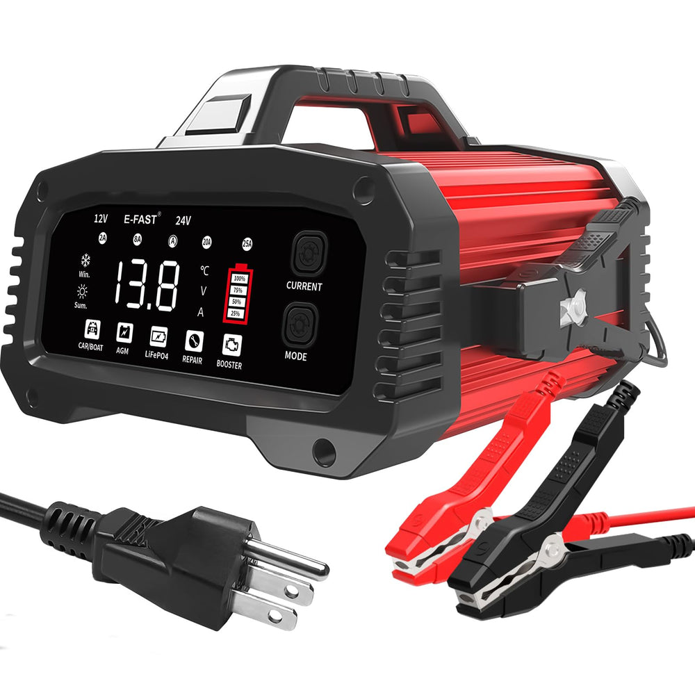 E-FAST 25A charger front view showing rugged aluminum housing for durable high-amp charging.
