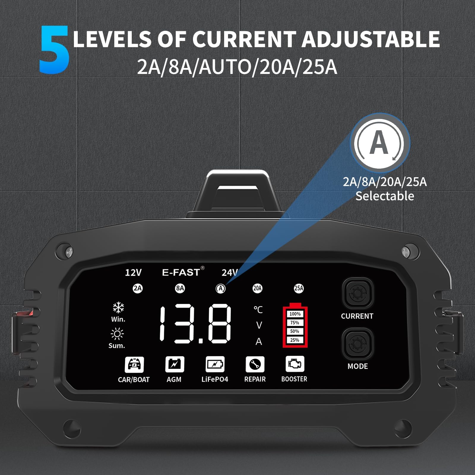 E-FAST 25A digital display panel highlights auto mode and 12V/24V detection.