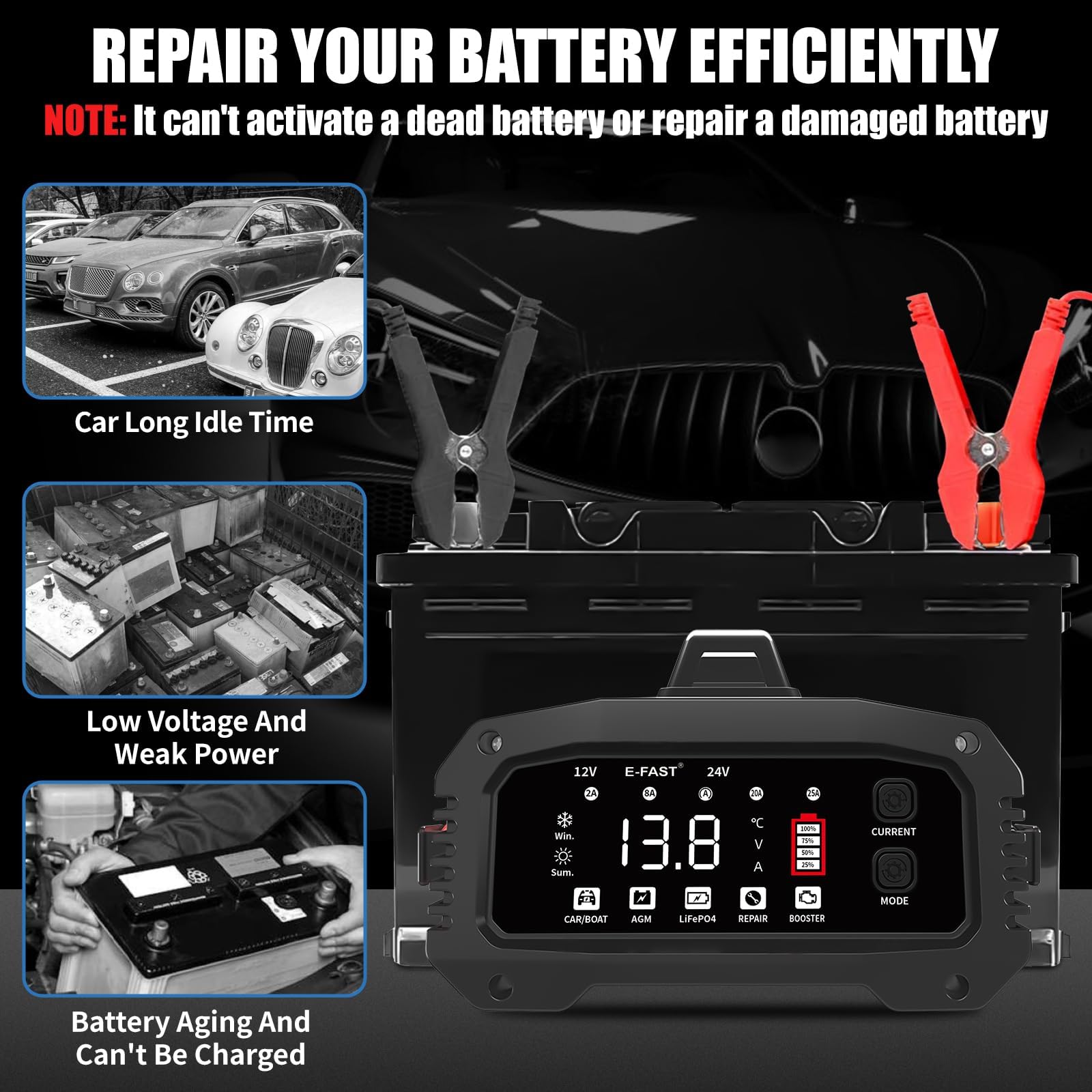 Temperature sensors on the E-FAST 25A monitor ambient heat for safe charging.