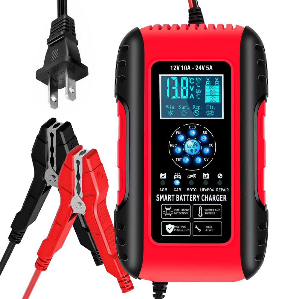 E-FAST battery charger 12V-10A LCD display for quick status checks.