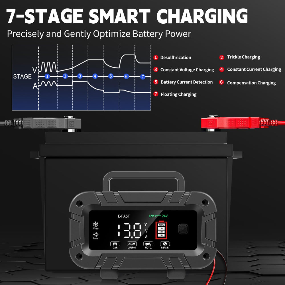 E-FAST works with LiFePO4 and lead-acid batteries for versatile charging.