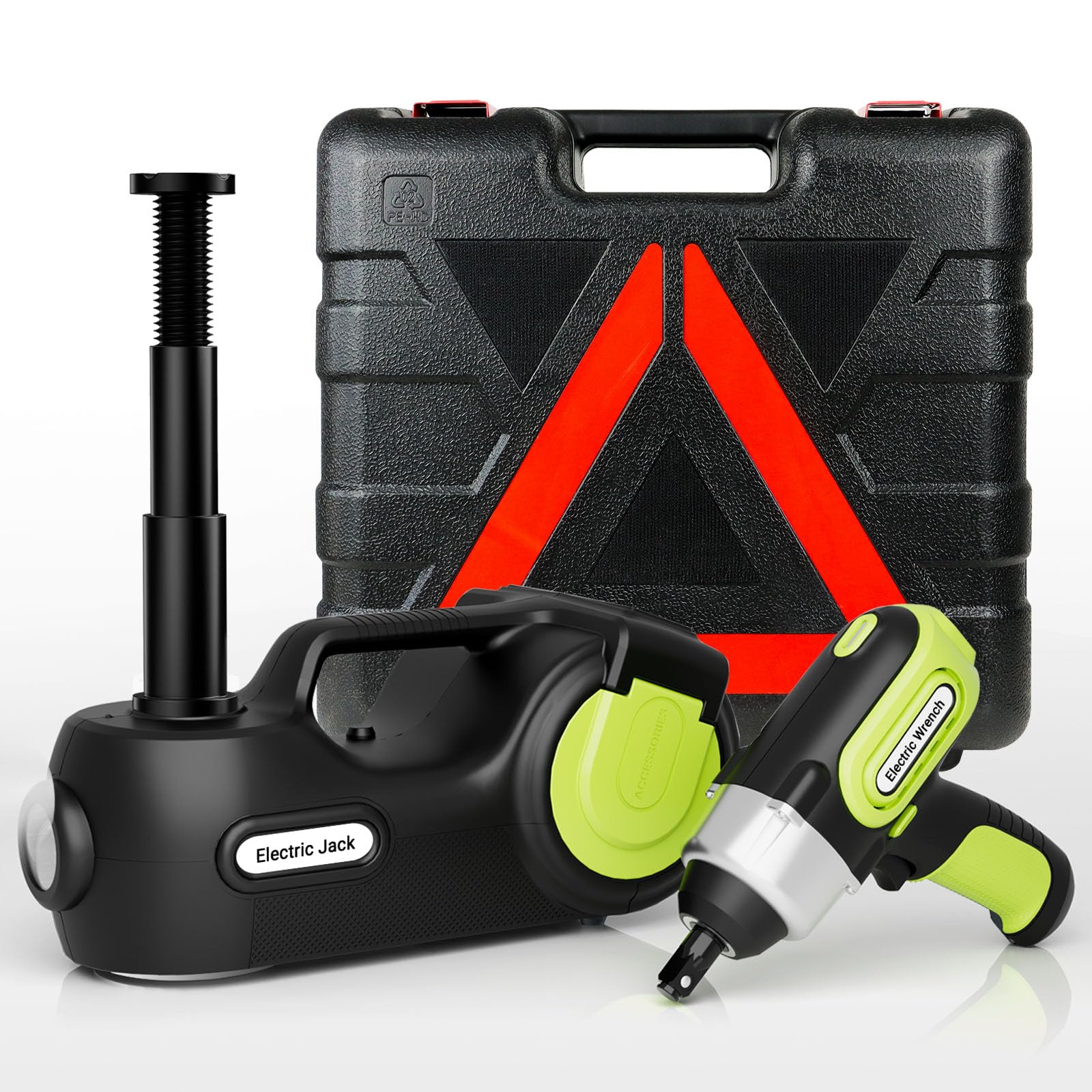 E-HEELP electric jack kit lifts up to five tons for quick roadside tire changes.