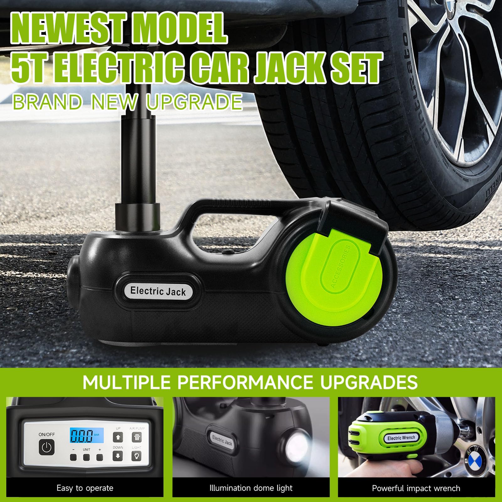 E-HEELP portable impact wrench with interchangeable sleeves for different vehicle sizes.