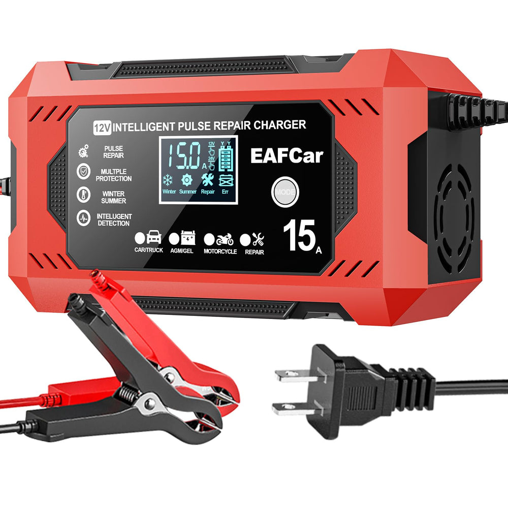 EAFCar 15-Amp Battery Charger front view showing compact storage design.