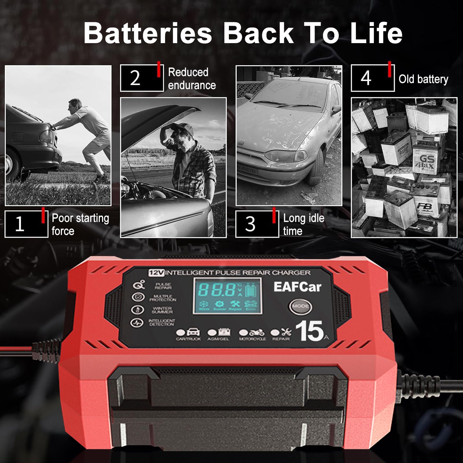 EAFCar LCD display shows charging status and battery health in real time.