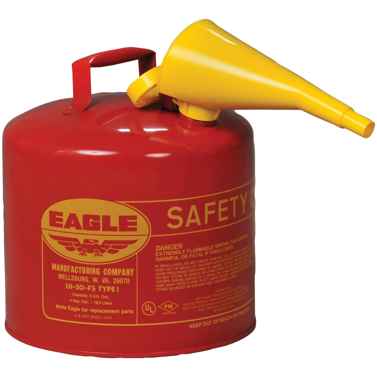 Eagle 5 gallon red safety can with flame arrester for safer gasoline handling.