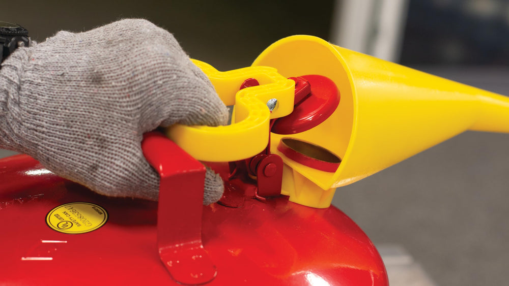 Eagle safety can flame arrester in action provides safer storage of flammable liquids.
