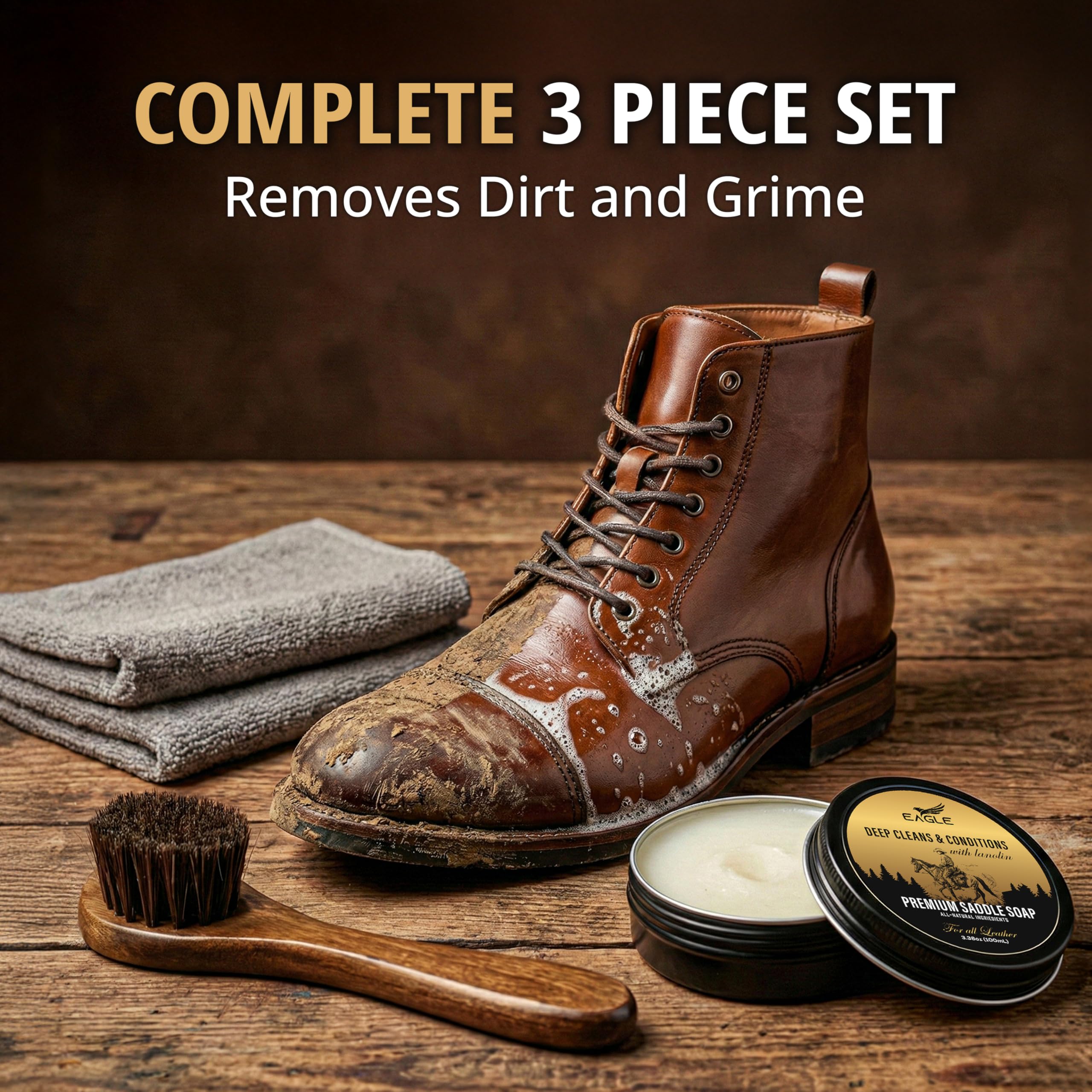 Eagle Saddle Soap Kit used on leather boots for cleaning and conditioning