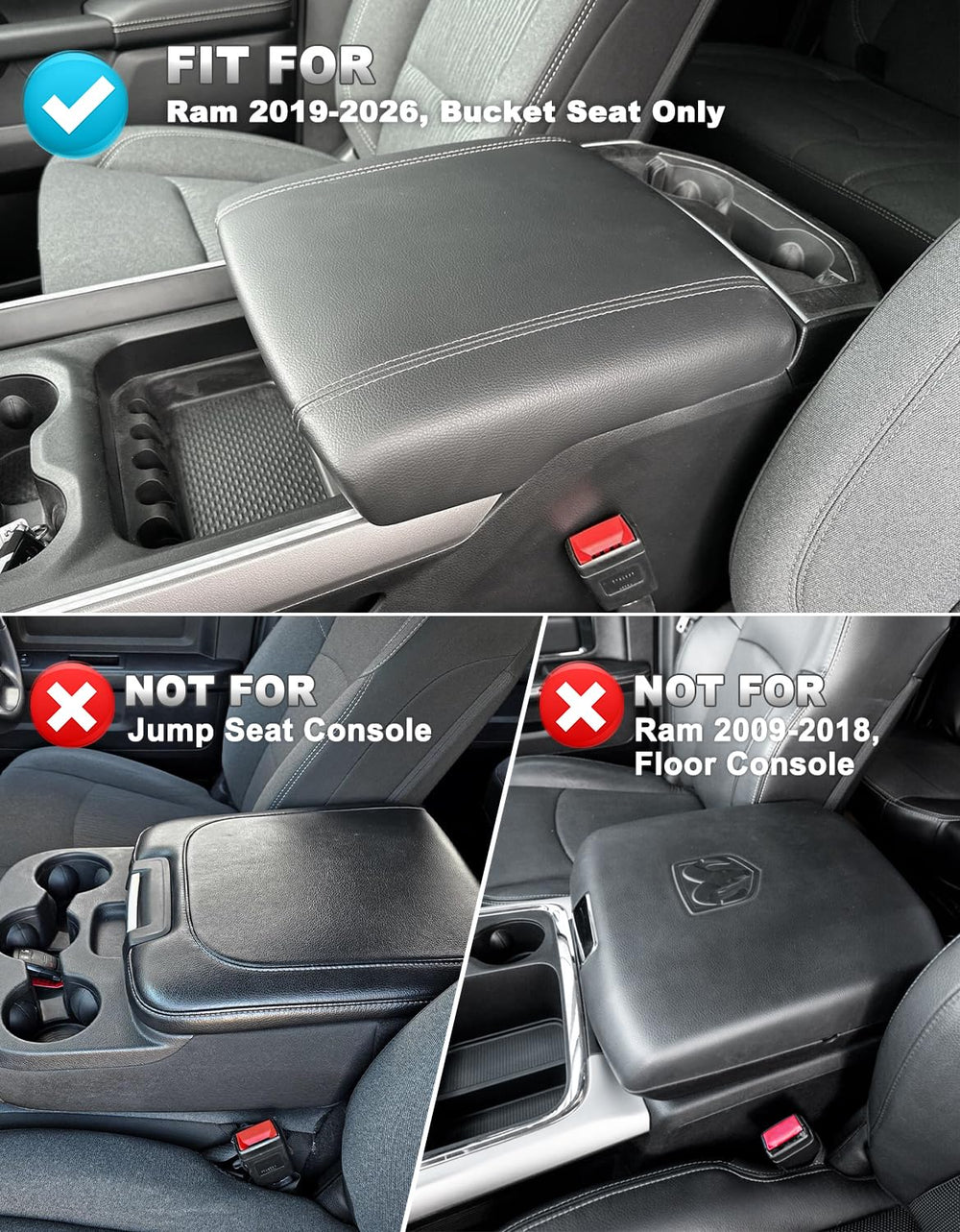 Close-up stitching on Eaglecover Ram 1500 center console cover highlights durability.