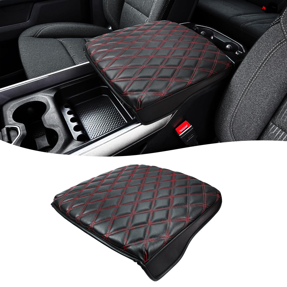 Eaglecover center console cover for Dodge Ram 1500 — front view with black-red stitching.