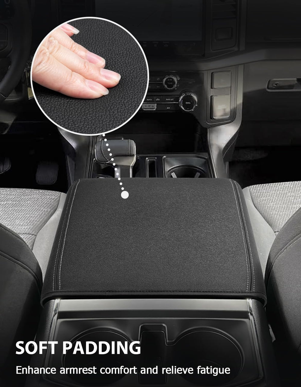 Eaglecover center console cover for F-150 with anti-scratch surface protects lid finish.