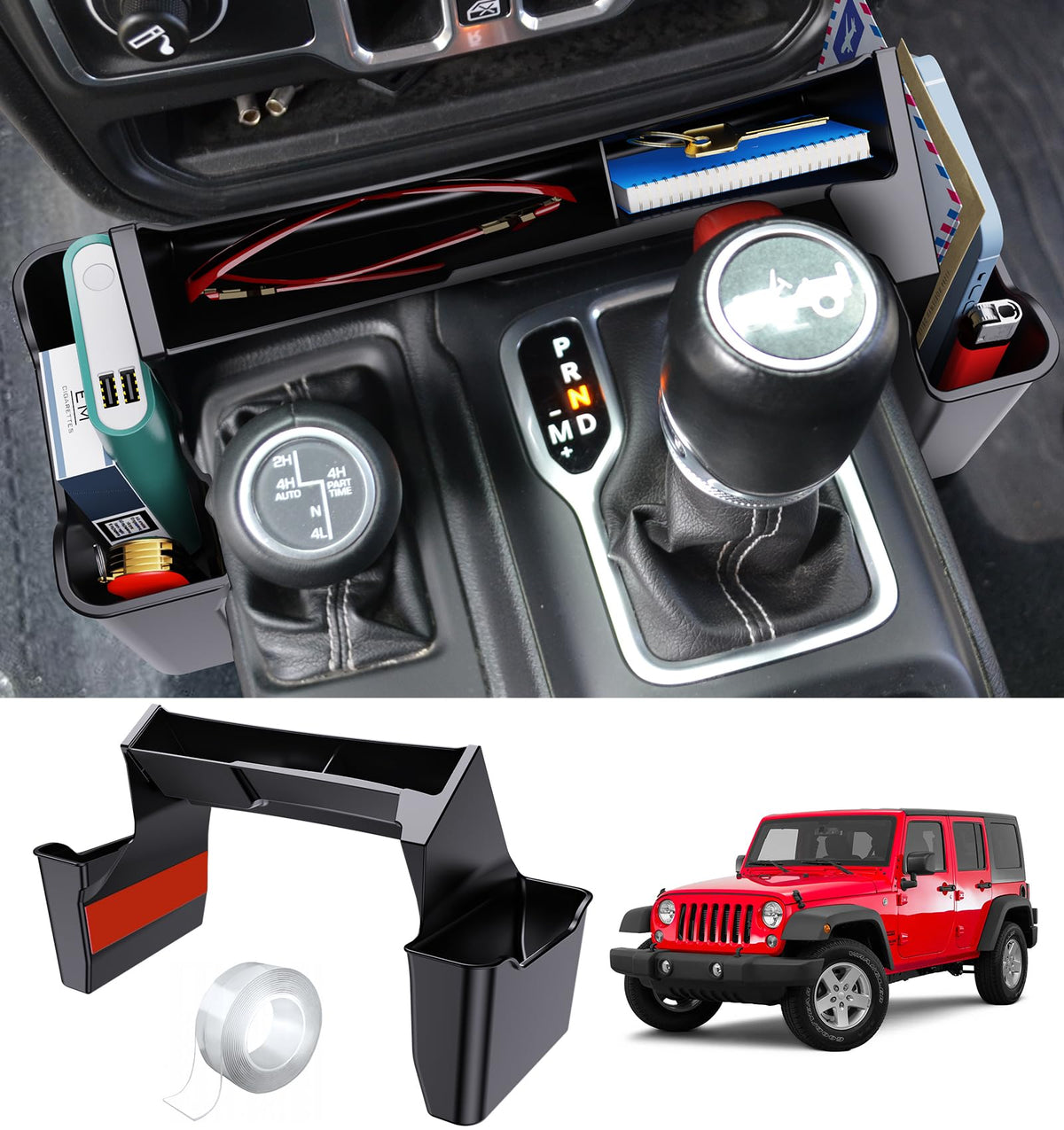 Eamplest gear shift center console tray front view for Jeep Wrangler, demonstrating integrated storage