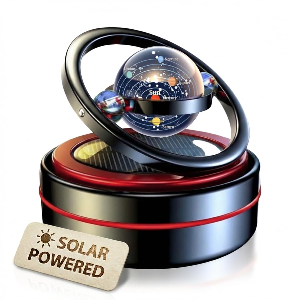 eaonitu Solar Dashboard Spinner with polished aluminum body and kinetic rotation for cabin ambiance.