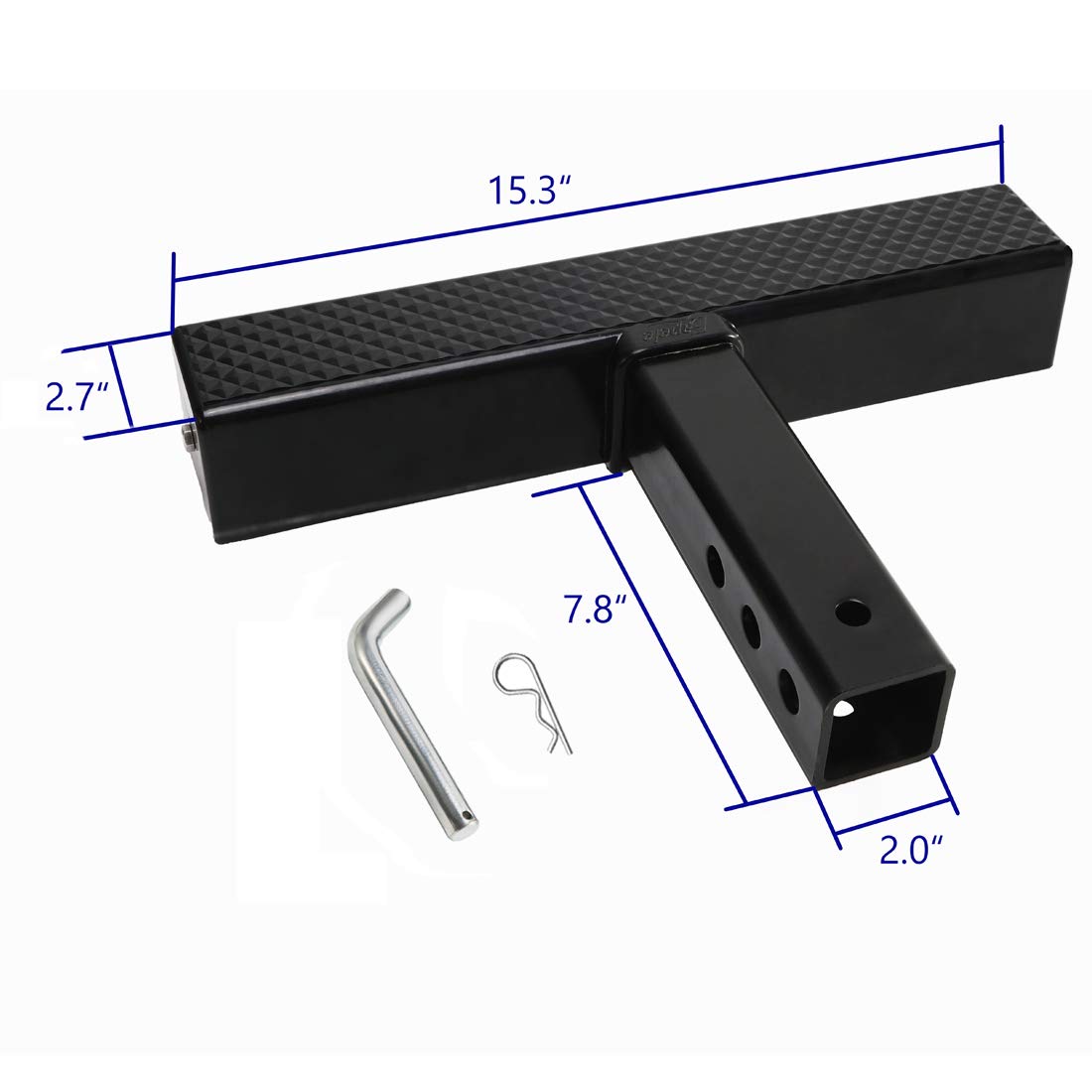 Eapele hitch step includes hitch pin and clip for quick securement.