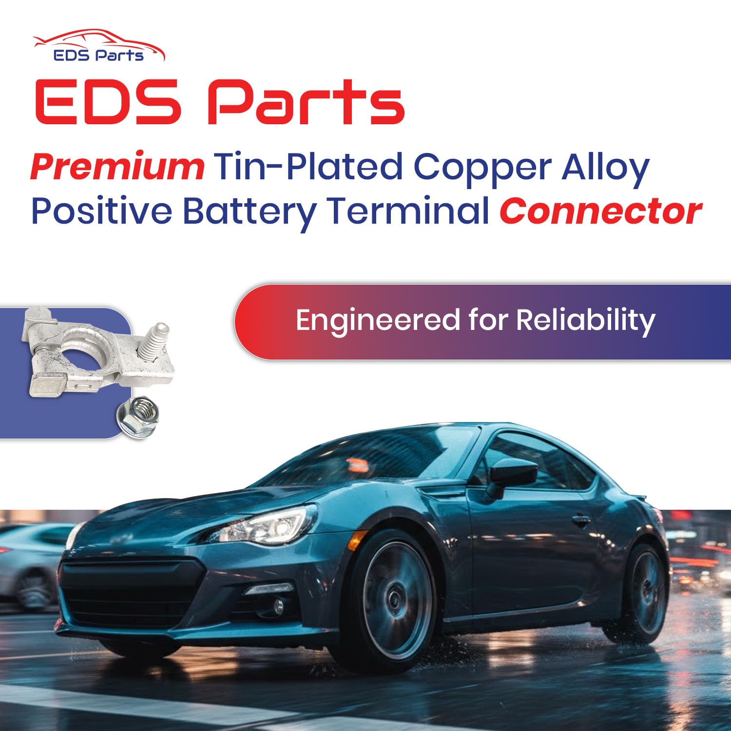 EAPP battery terminal assembly on Subaru demonstrates direct-fit design for easy DIY replacement.