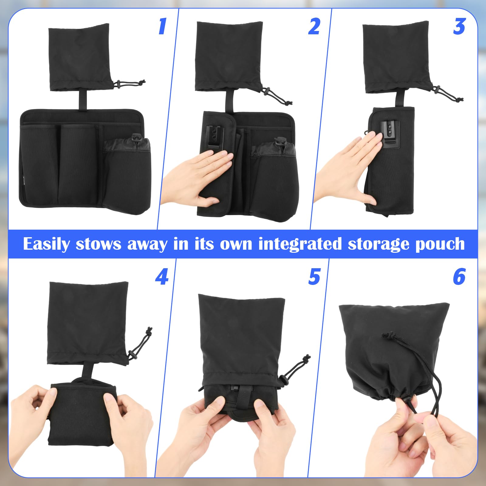 Easy install system with clips attaches to the top edge of a seat pocket.