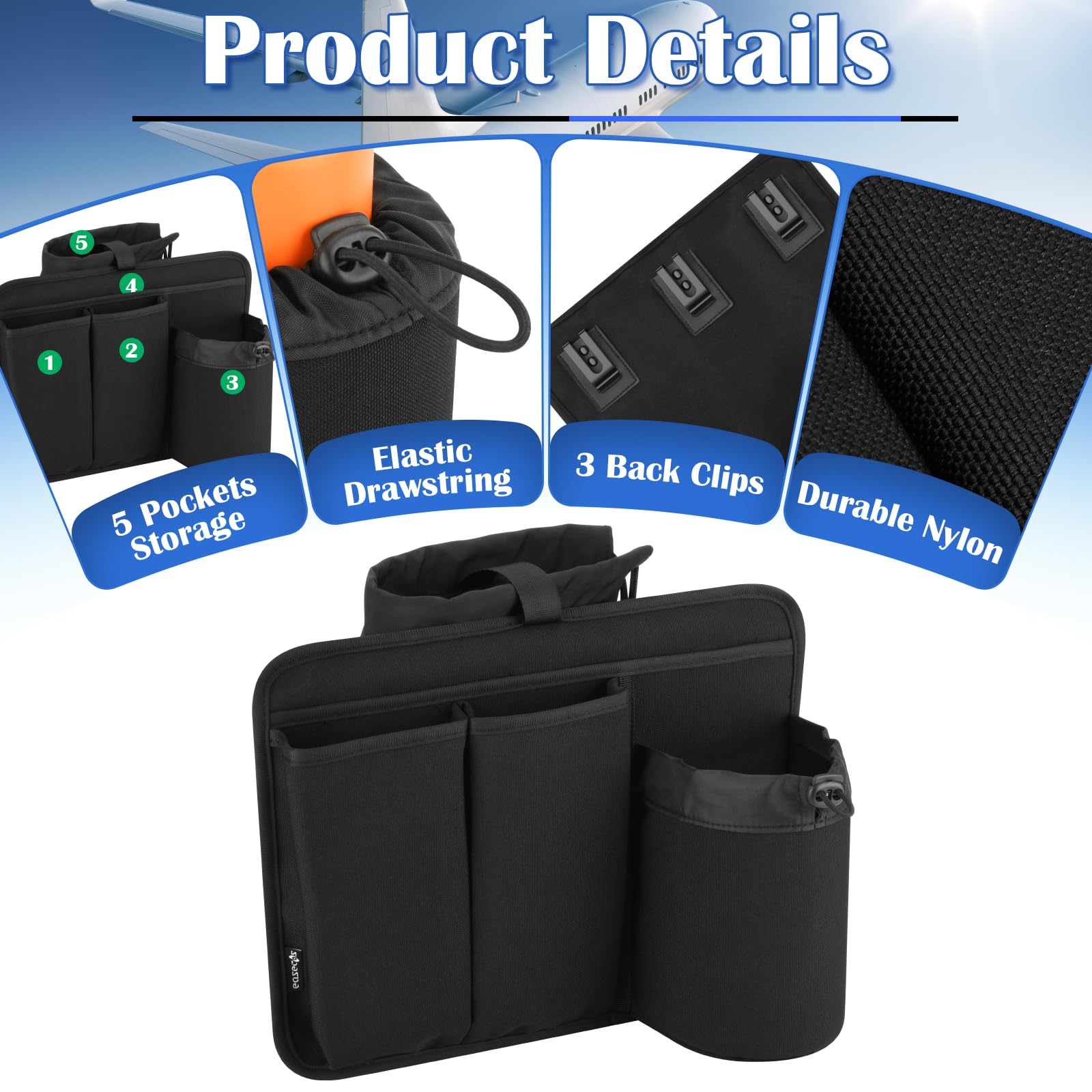 Multi-pocket travel organizer holds phone, passport, and snacks for easy reach.