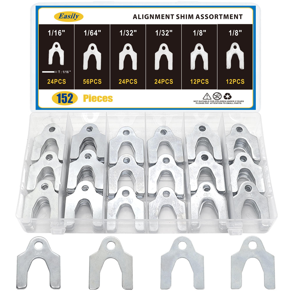 Easily 152-piece alignment shims kit shown with front and rear view for precise adjustments.