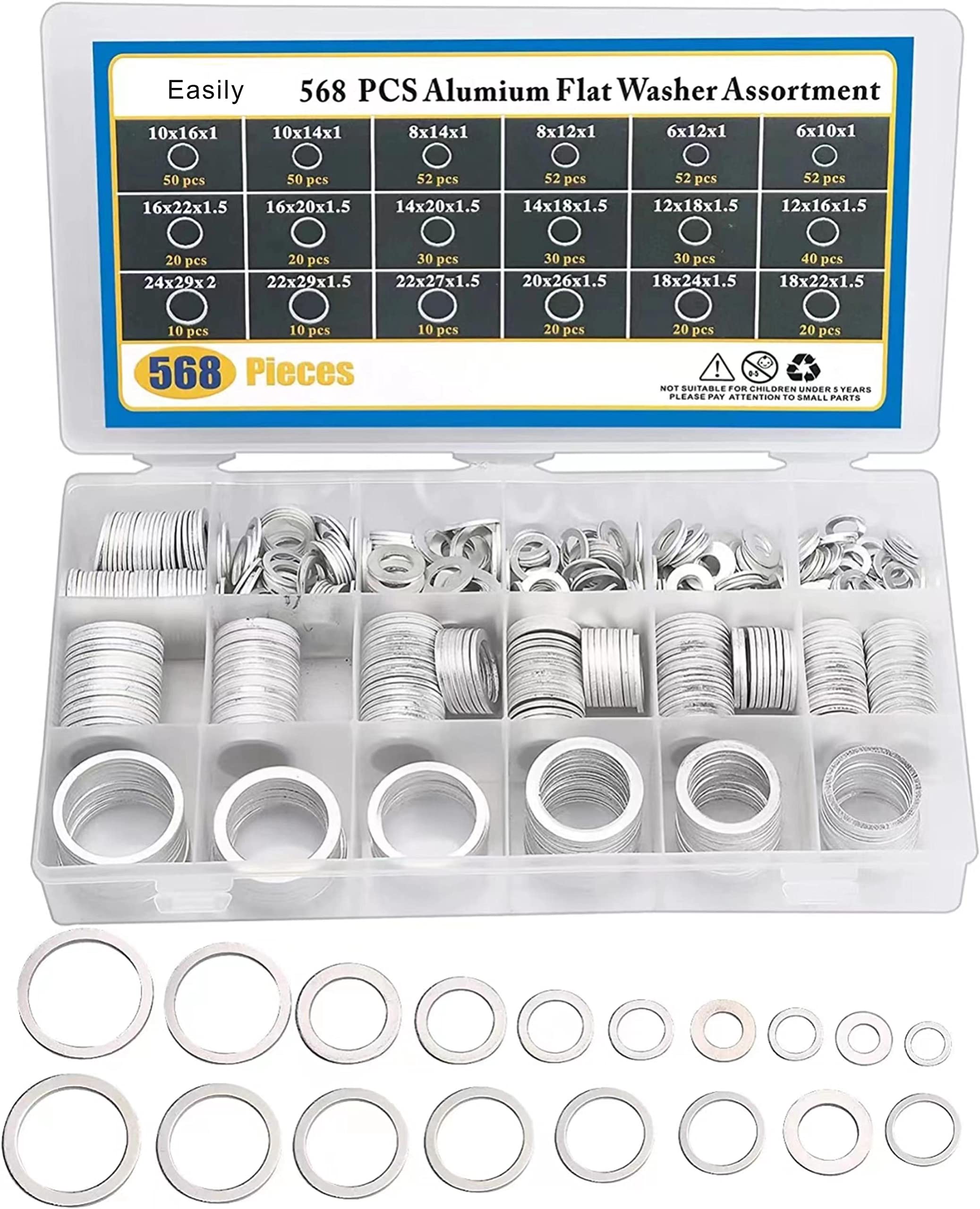 Easily crush washer oil drain plug set; 568 pieces across 18 sizes for versatile sealing