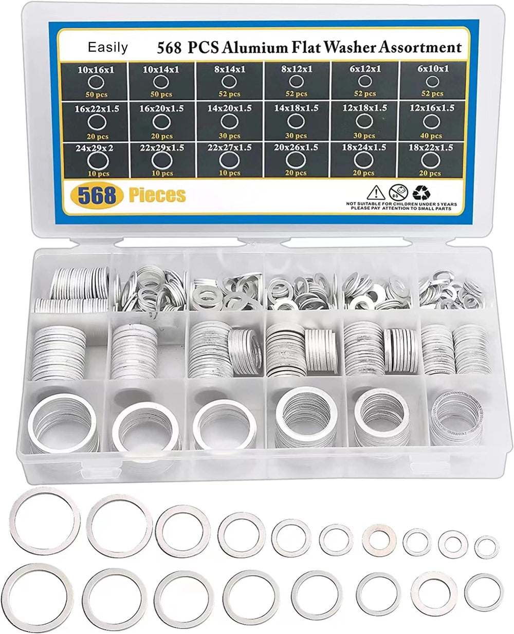 Easily crush washer oil drain plug set; 568 pieces across 18 sizes for versatile sealing