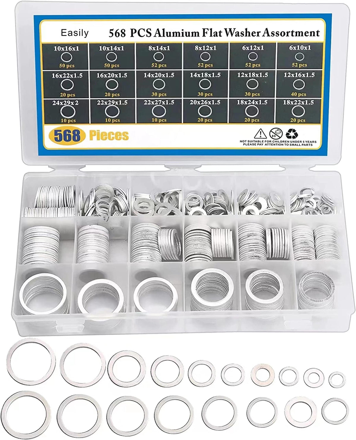 Easily crush washer oil drain plug set; 568 pieces across 18 sizes for versatile sealing