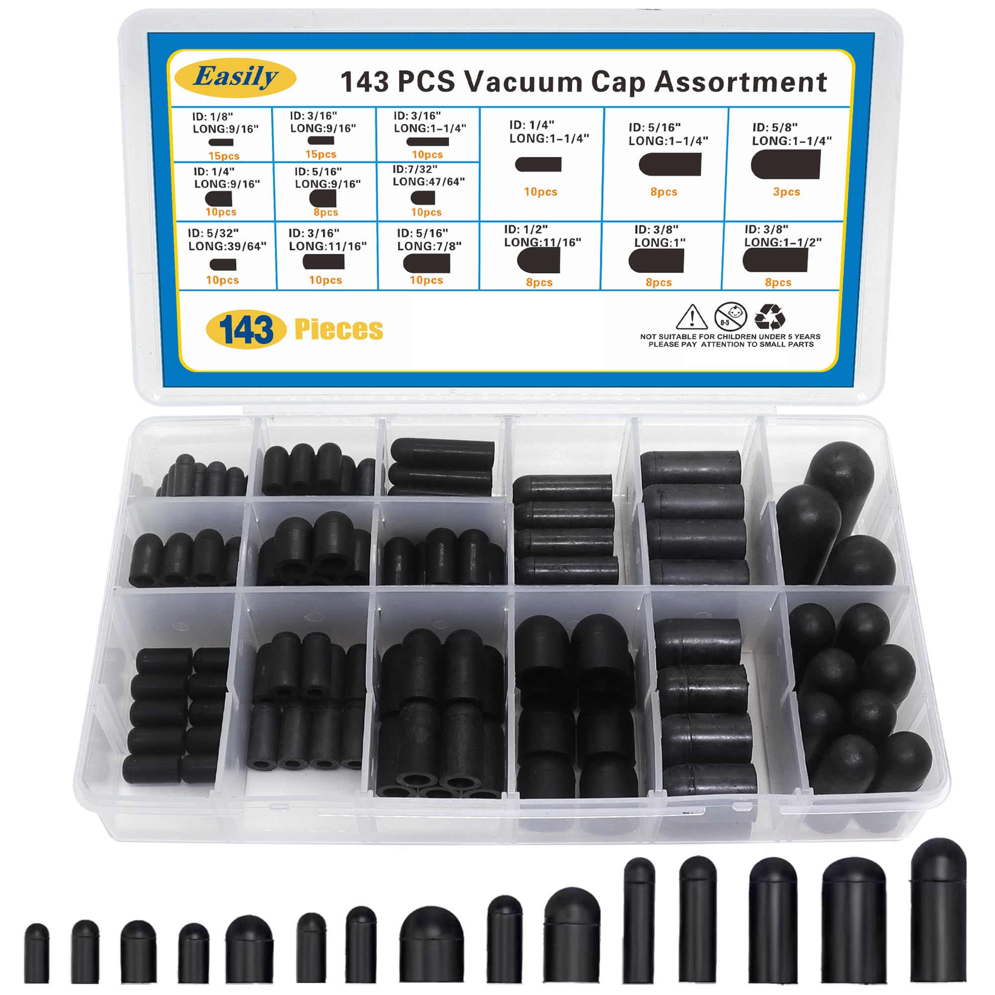 Easily rubber vacuum caps assortment showing 15 sizes for automotive sealing.