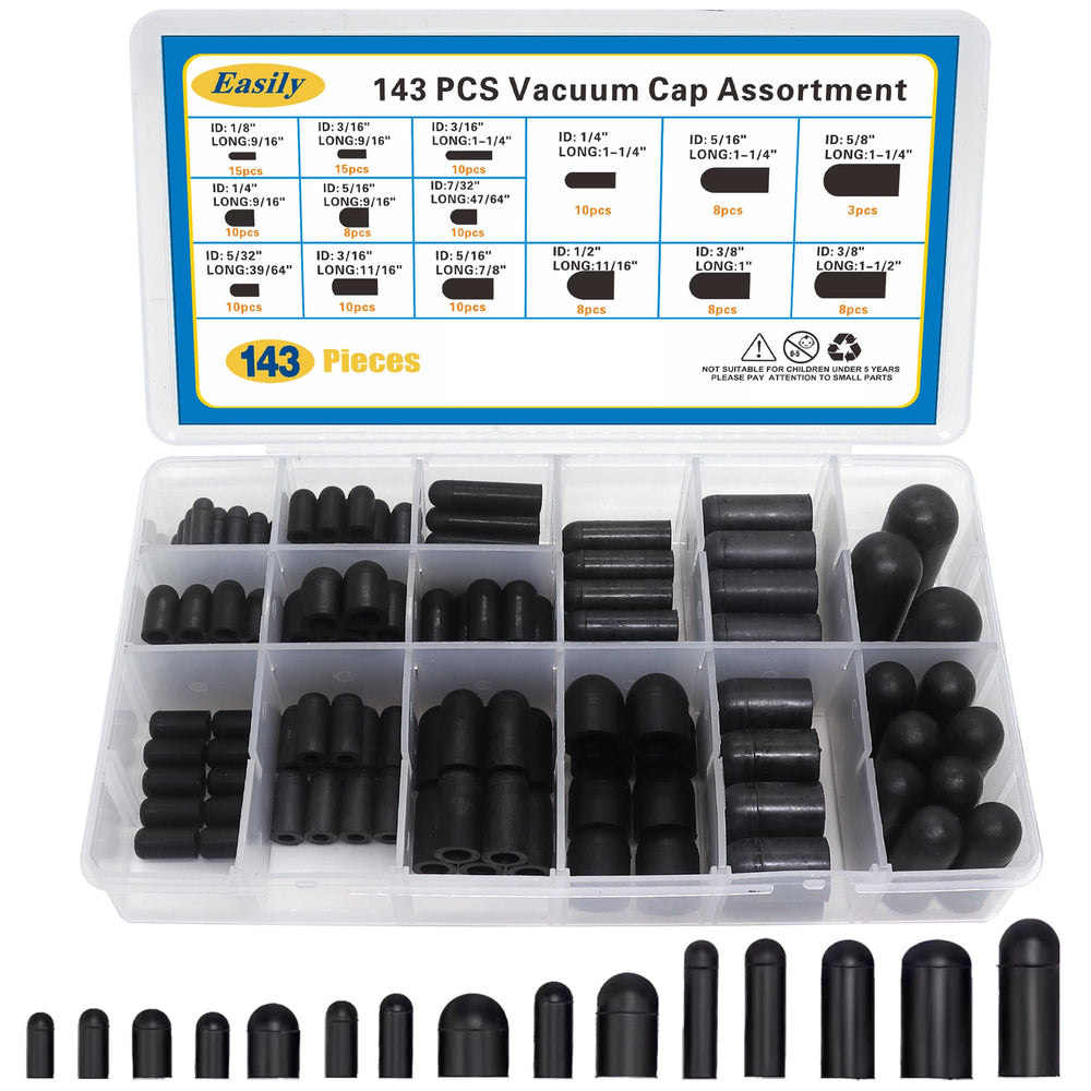 Easily rubber vacuum caps assortment showing 15 sizes for automotive sealing.