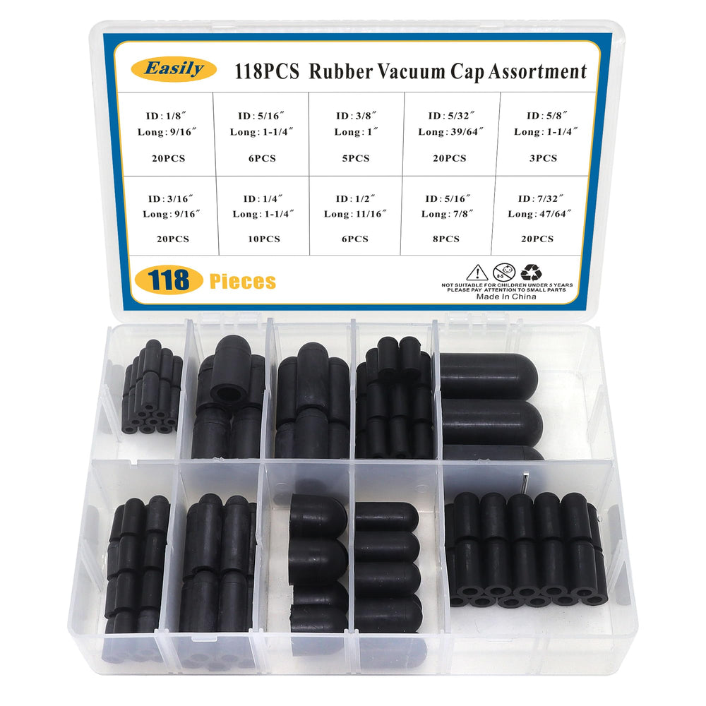 Easily vacuum caps assortment storage case showing organized caps for quick selection.