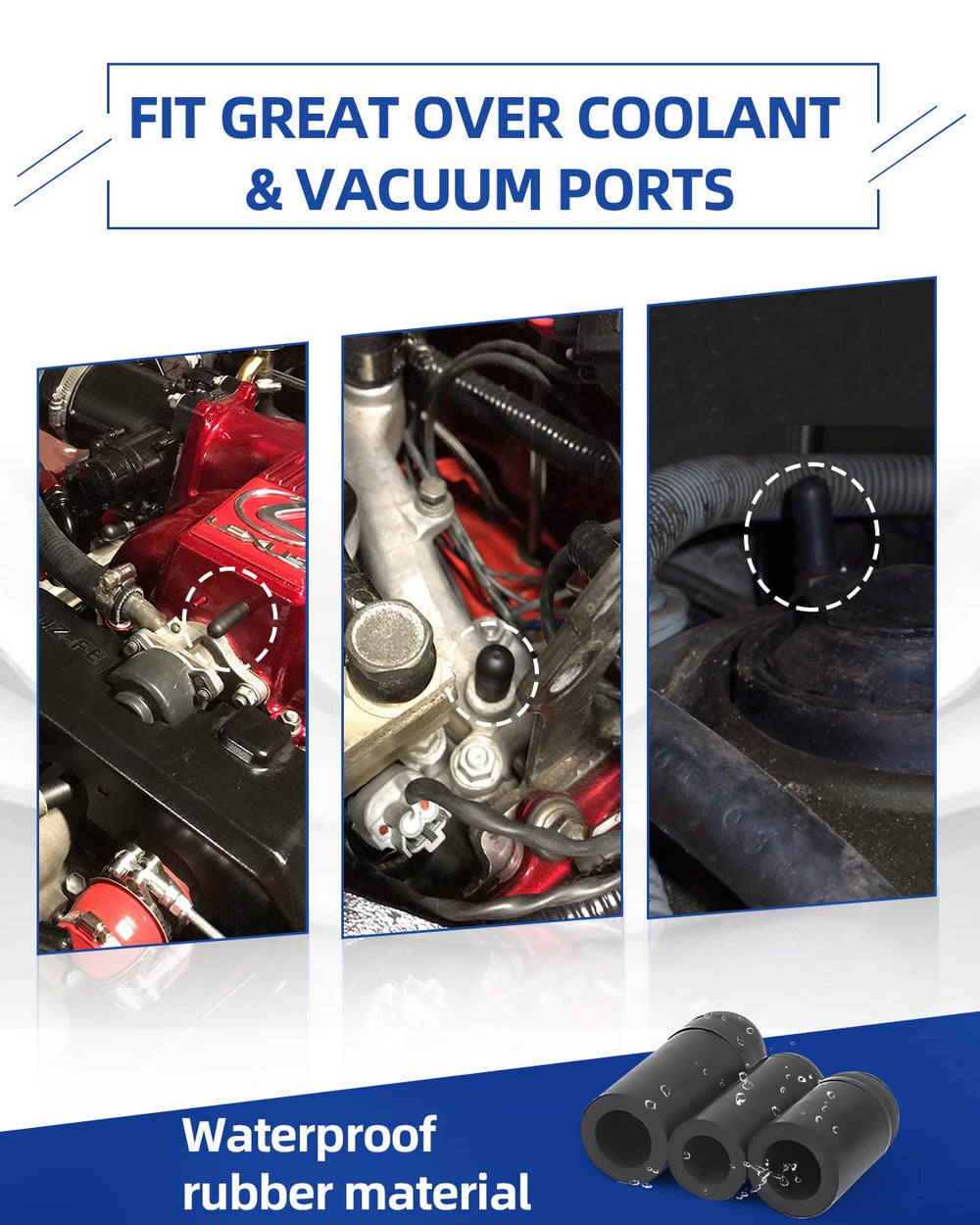 Easily vacuum caps organized set emphasizes durable rubber and versatile uses in automotive work.