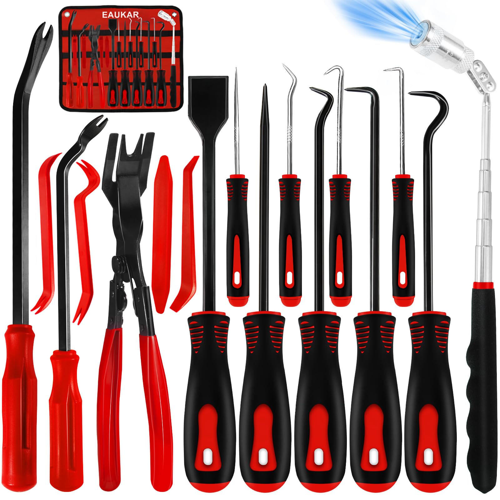 Eaukar 17Pcs Hook and Pick Tool Set with Scraper shown in red for precise automotive work and reach.