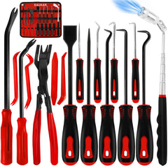 Eaukar 17Pcs Hook and Pick Tool Set with Scraper shown in red for precise automotive work and reach.
