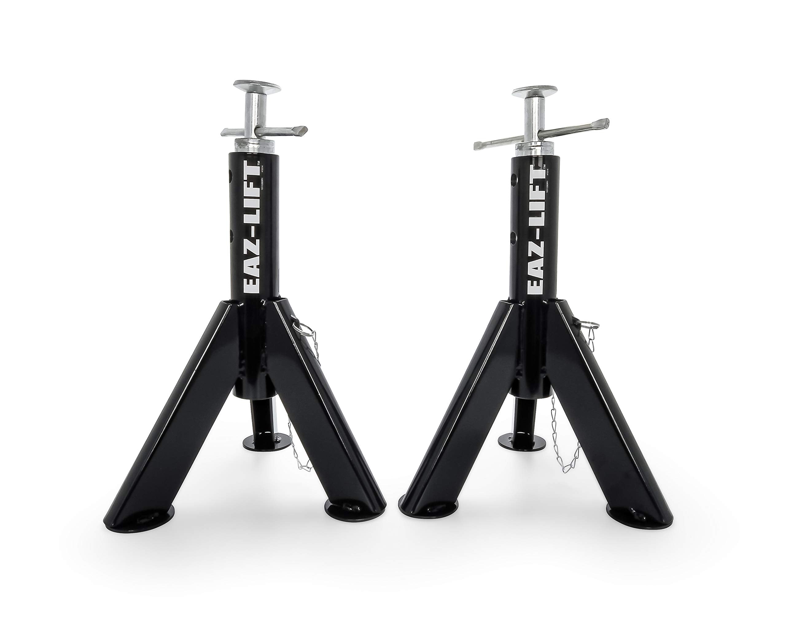 Eaz-Lift Camco telescopic RV jack extended to 30 inches for stable leveling.