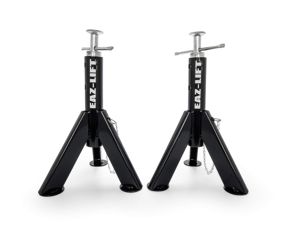 Eaz-Lift Camco telescopic RV jack extended to 30 inches for stable leveling.