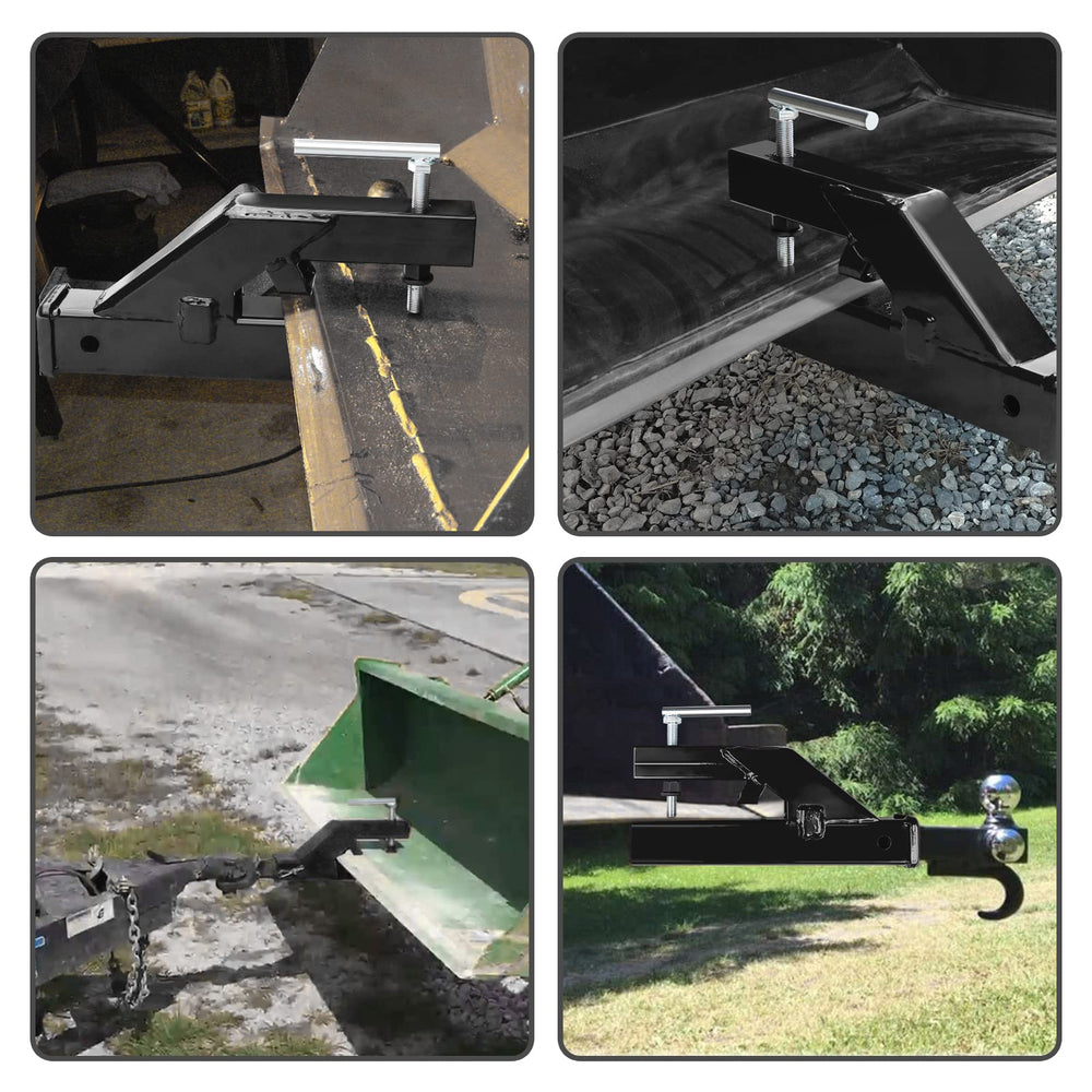EBESTTECH red powder-coated hitch clamps on loader bucket without drilling.