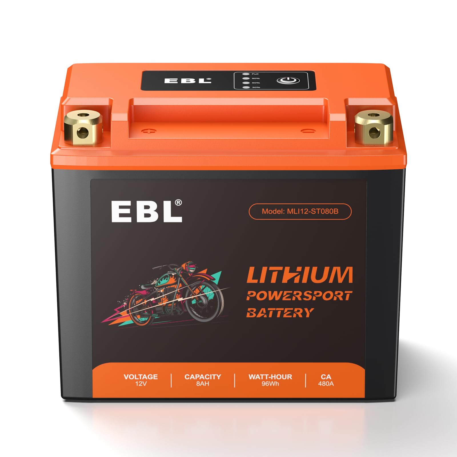 EBL lithium YTX12-BS battery front view for quick starts