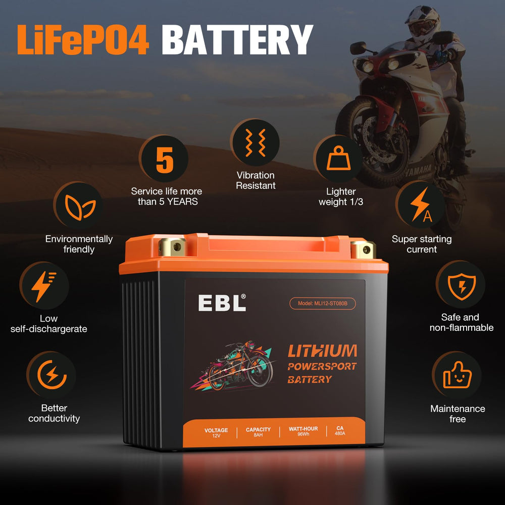 EBL lithium YTX12-BS side profile shows compact, lightweight design