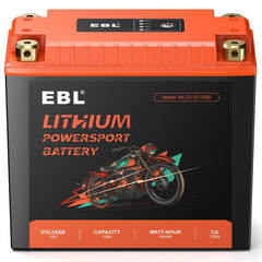 EBL lithium YTX20L-BS battery front view showing compact size for easy mounting