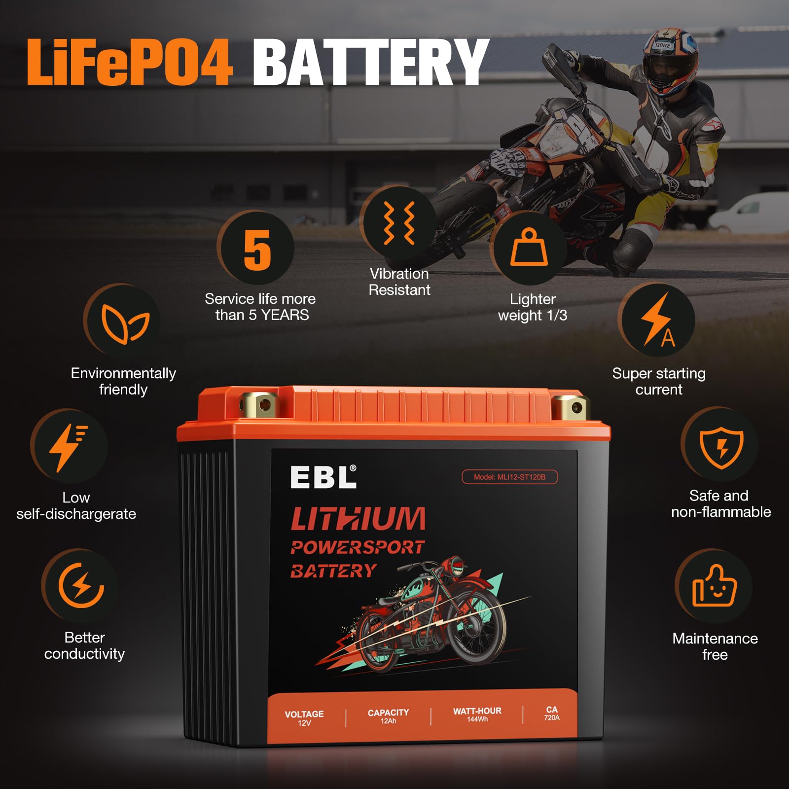 EBL lithium YTX20L-BS battery side with terminals visible for quick installation
